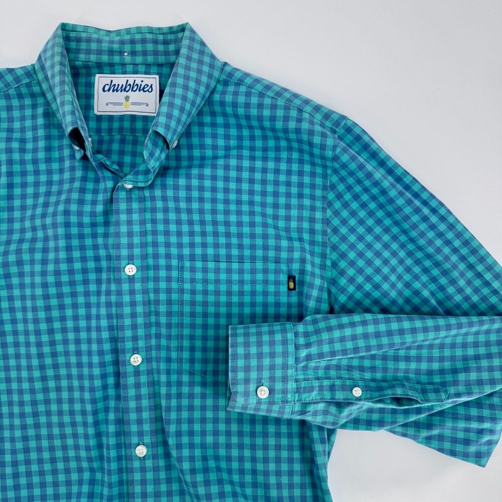 Chubbies Shirt Mens Large Teal Blue Gingham Long Sleeve Button Down Preppy